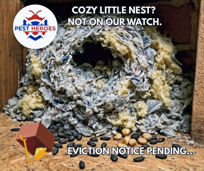 Rodent nesting materials found in attic insulation, showing common signs of infestation handled by Pest Heroes technicians